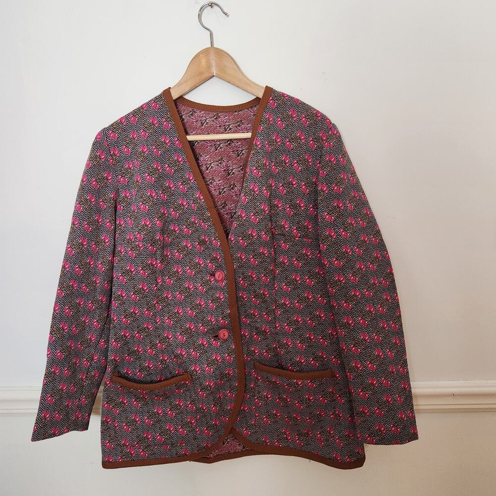 Vintage 70s Cherry Jacket Large XL Womens Brown Pink Retro Cottage Casual Career